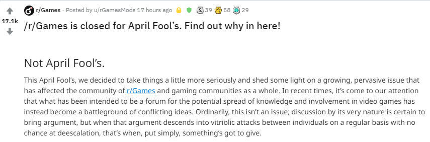 April Fools - /r/Games Closed